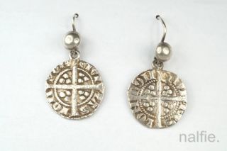 Antique Medieval English Silver Edward I Long Cross Penny Coin Earrings C1310 photo
