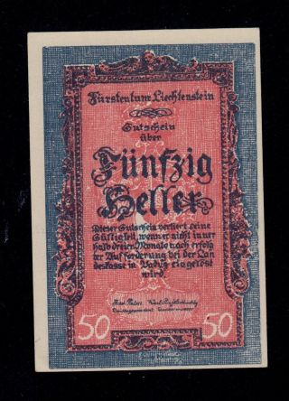 Liechtenstein 50 Heller (1920) Pick 3 Unc -.  Banknote. photo