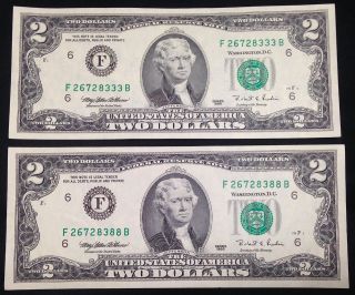 $2 Two Dollar Bills,  Similar Serial Numbers,  Uncirculated Us Currency photo