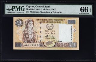 Cyprus 1 Lira / Pound 2004 Pmg 66 Gem Uncirculated P.  60d Epq Low Seri Ax 000555 photo