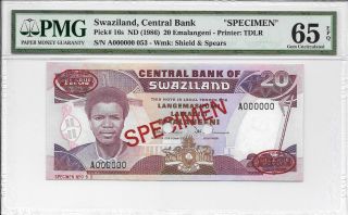 Swaziland,  Central Bank - 20 Emalangeni,  Nd (1986).  Specimen.  Pmg 65epq. photo