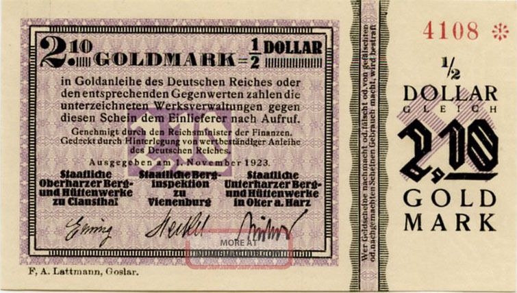 Germany 2. 10 Goldmark =1/2 Dollar 1923 Ausgegeben 4108