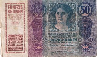 Rare Austria Banknote Paper Money 50 Korona Kronen Of 1914 photo