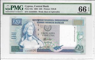 Cyprus,  Central Bank - 20 Pounds,  2004.  Pmg 66epq. photo