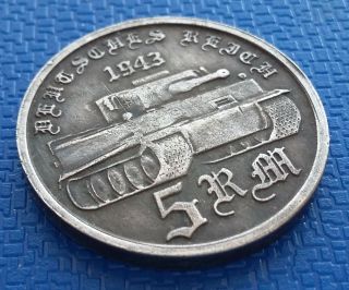 1943 Germany,  5 Reichsmark,  Silvered,  Reich,  Adolf H.  Ww2 photo