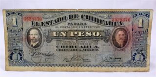 Large Mexican Note One Peso 1915 Chihuahua Mexico photo