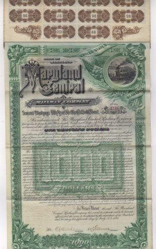 1889 Maryland Central Railway Co.  Bond W/bond Coupons photo