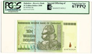 Zimbabwe 10 Trillion Dollars 2008 Pcgs 67 Ppq Gem S/n Aa 4752828 photo