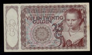 Netherlands 25 Gulden 12 - 4 - 1944 Pick 60 Vf Banknote. photo