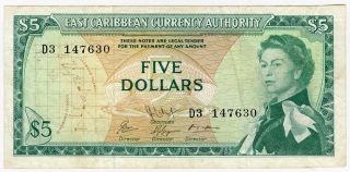 East Caribbean States 1965 Issue 5 Dollars Note Crisp.  Pick 14. photo