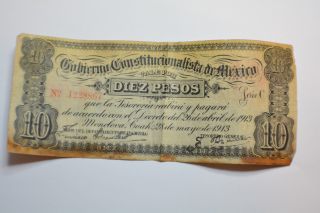 Mexico Banknote/coahuila … P - S629 … 10 Pesos,  1913 Fine, photo