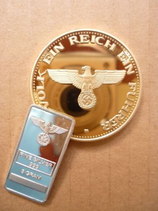 24k German Third Reich Gold Plated Coin And Bar photo