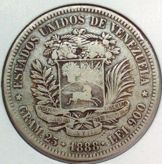 Venezuela Silver Coin 1888 Gram 25,  5 Bolivares Scarce Date photo