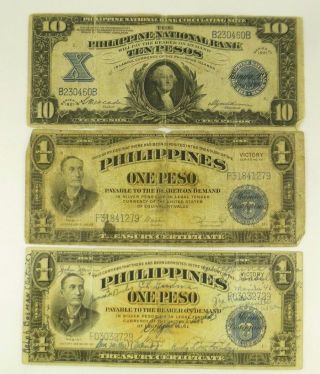 1 - 1921 Philippine National Bank 10 Pesos & 2 Victory Philippines 1 Peso Treasury photo