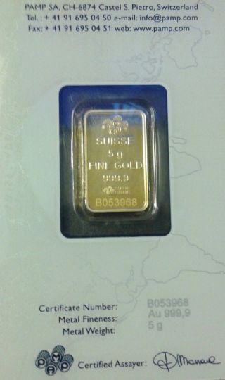5 Gram Pamp Suisse Gold Bar.  9999 Fine (in Assay) Fortuna Certified Assay Save photo