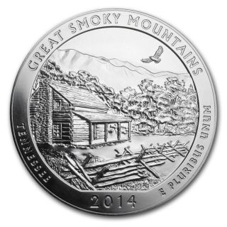 2014 5 Oz 25c Silver America The (atb) Great Smoky Mountain photo