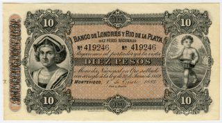 Uruguay 1883 Banco De Londres Y Rio De La Plata 10 Pesos Crisp Unc.  Pick - S242r. photo