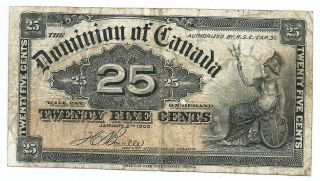 1900 Dominion Of Canada Paper Bill 25 Cents.  Britannia Seated.  Sign Boville photo