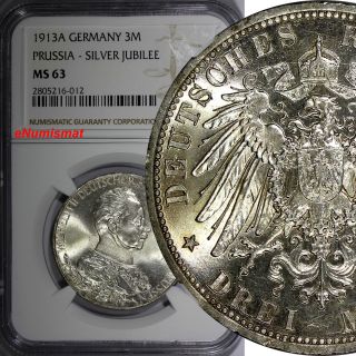 German States Prussia Wilhelm Ii Silver 1913a 3 Mark Ngc Ms63 Toned Km 535 photo