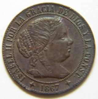 1/2 Centimo De Escudo 1867 Om Isabel Ii Jubia Copper photo