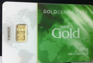 1 Each 1/2 Or.  5 Gram 999.  9 24 Kt Nadir Gold Bar In Goldcertificate Assay Igr photo