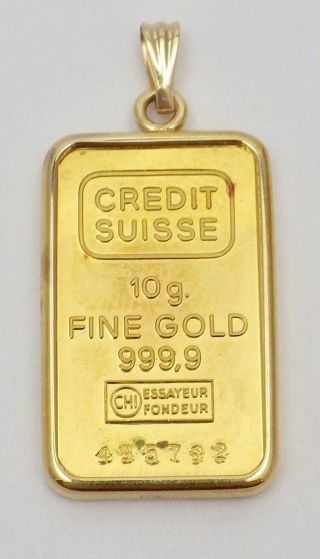 Estate Credit Suisse 10.  0 Grams 999.  9 Fine Gold Bar Ingot Pendant 14k Frame photo