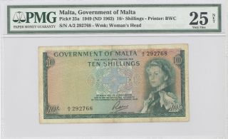 1949 Malta,  Government Of Malta,  10 Shillings,  Pmg 25 Net Very Fine P : 25a photo