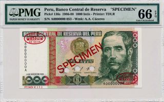 Banco Central De Reserva Peru 1000 Intis 1986 Spec,  0000000 Pmg 66epq photo