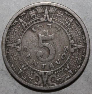 Mexican 5 Centavos Coin,  1937 M - Km 423 - Mexico - Five - Aztec Calendar photo