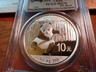 2014 China Panda 10 Yuan 1 Ounce.  999 Silver Graded Pcgs Ms70 - S&h Usa photo