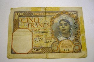 1941 Algeria 5 Cinq Francs Paper Money Banknote photo