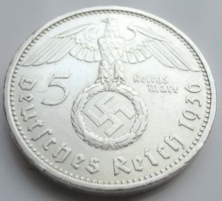 German 5 Mark - 1936 A - 90 Silver - Coin Big Swastika photo