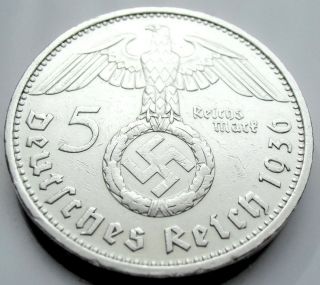 German 5 Mark - 1936 D - 90 Silver - Coin Big Swastika photo