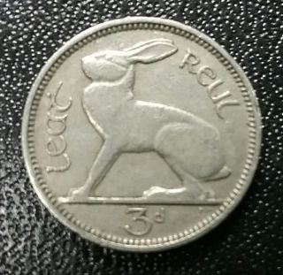 1963 Ireland Lucky Rabbit 3p Irish Coin Antique Eireann Harp Birth Year Money photo