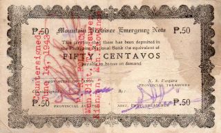 Philippines Mountain Province 50 Centavos 1942 S594a Emergency Note C/s Front photo