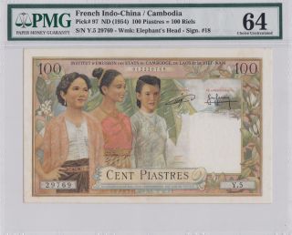 P - 97 French Indochina 1954 100 Piastre=100riels Pmg 64 Unc Cambodia Issue Rare photo