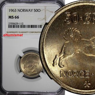 Norway Olav V Copper - Nickel 1963 50 Øre Ngc Ms66 Top Graded By Ngc Km 386 photo
