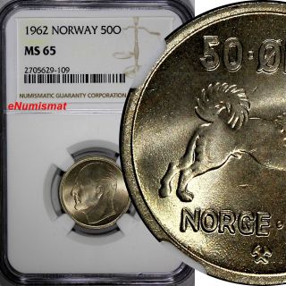 Norway Olav V Copper - Nickel 1962 50 Øre Ngc Ms65 Top Graded By Ngc Km 386 photo