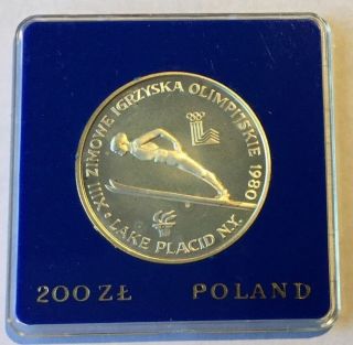 1980 Poland Lake Placid Winter Olympics Skier Silver Proof 200 Zlotych photo