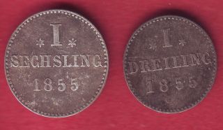 R Hamburg 1 Sechsling & 1 Dreiling Bilon 1855 Vf/vf,  Details photo