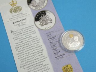 Barbados - 1997 Silver Proof One Dollar Crown Coin,  Gold Cameo,  Certificate photo