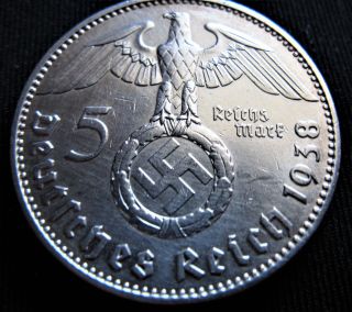 Xrare 1938j 5 Mark German Big 90 Silver Nazi Swastika Germany 3rd Reich Ww Coin photo