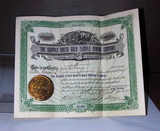Old Cripple Creek Gold Mining Stock Certificate Colorado Rush Teller County Co photo