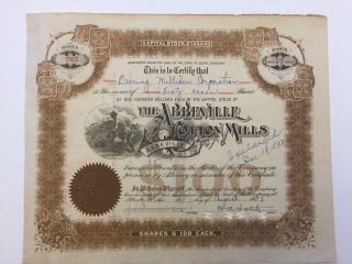 1928 Abbeville Cotton Mills Stock Certificate Rare South Carolina Slave Vignette photo