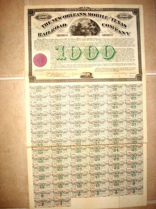 Stock Bond Certificate - The Orleans,  Mobile & Texas Rr Co.  $1000 Bond 1873 photo