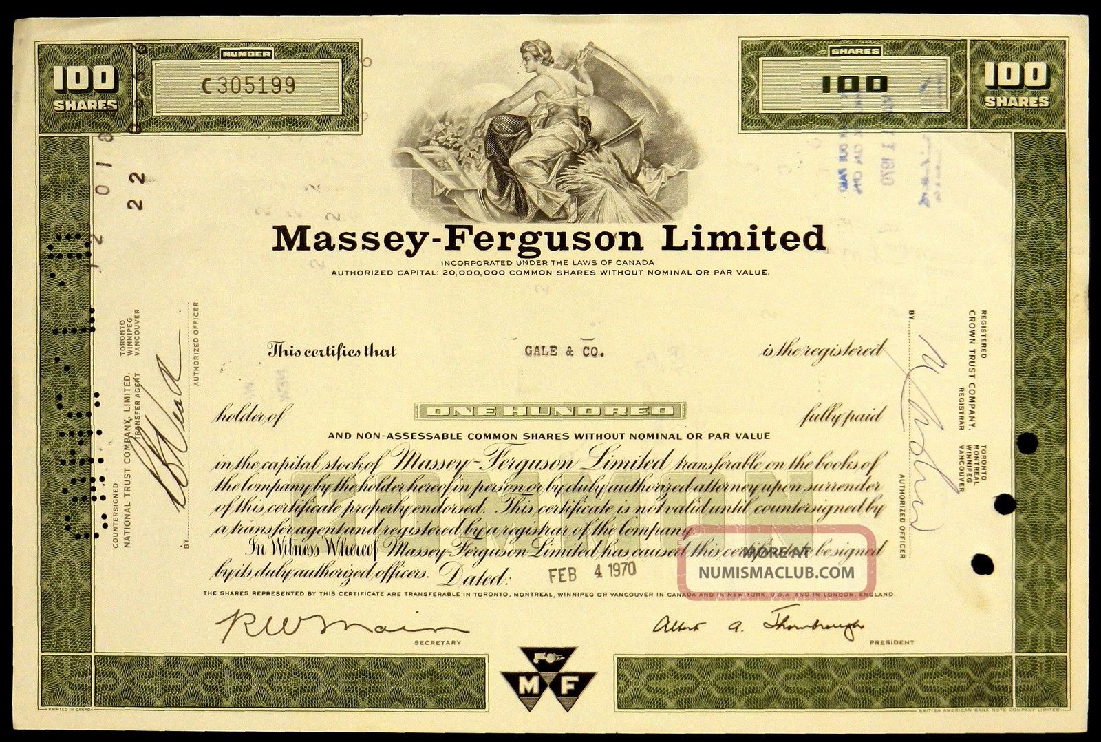 Stock Certificate Massey Ferguson Limited Canada 100 Shares Common Green World photo