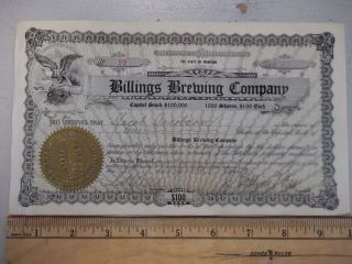 Antique 1915 Billings Brewing Company Stock Certificate Montana Beer Yellowstone photo