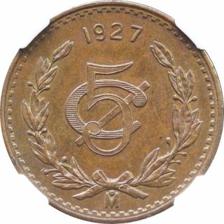 Mexico 5 Centavos Mo 1927,  Bronze.  Ngc Ms62 Bn Km 422 photo