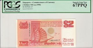 Singapore 2 Dollars (1990) P27 Ship Series Banknote Pcgs 67 Ppq photo