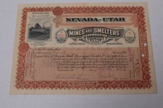 Nevada - Utah Mines And Smelters Coporation - 1907 - Stock Certificate photo